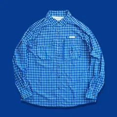 00s Y2K チェックフィッシングシャツ ナイロン ギミック 長袖 ブルー