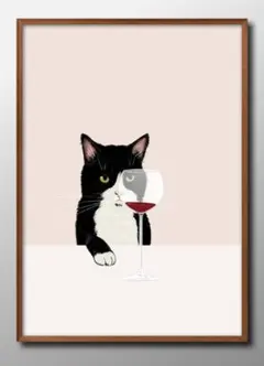 13410■ポスター アート 絵画『ワインと猫　ネコ』A3 マット紙