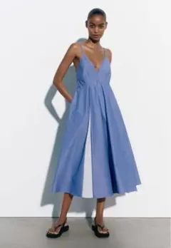 未使用　ZARA ストライプ柄ポプリンワンピース　M ブルー　キャミワンピース