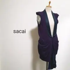 sacai サカイ ショールカラー デザインニットベスト ジレ 紫×黒 1