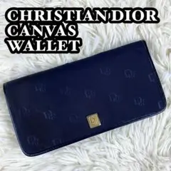 極美品 クリスチャンディオール キャンバス 長財布 トロッター柄 CD金具 紺
