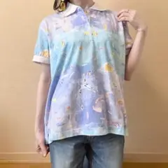 希少 海の中 魚 水族館 手描き ポロシャツ レトロ ヴィンテージ 白 水色