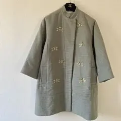 MUVEIL 千鳥格子柄 ジャガード ビジュー コート 38 グリーン