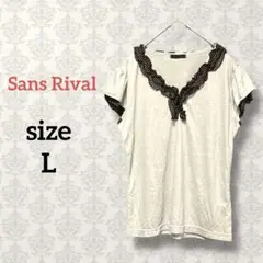 Sans Rival【L】半袖Vネックカットソー フリル ドット柄 ストレッチ