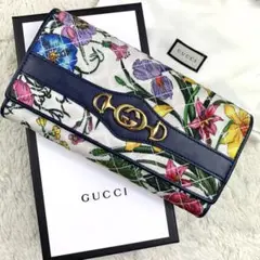 ★レア グッチ ズゥミ フローラ 長財布 ネイビー レザー インターロッキング