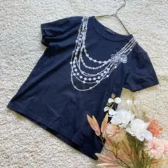 コムサイズム　プリントTシャツ　パールネックレスプリント　半袖　綿100% 黒M