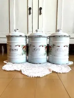 ♡ レア アンティーク ホーロー JAPY 社製 パンジー柄キャニスターセット