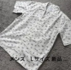 エンボスストライプ夏柄フロントオープン半袖シャツ白L新品