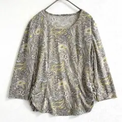 レリアン　ペイズリー柄 7分袖　Tシャツ　S グレー/黄色 伸縮性