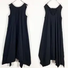 Y's 20PRE ウールギャバ 異素材切替 ノースリーブワンピース 黒1