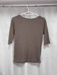 ブラウン 半袖 Tシャツ リブ編み フリル襟