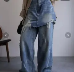スカートレイヤードダメージデニムパンツ