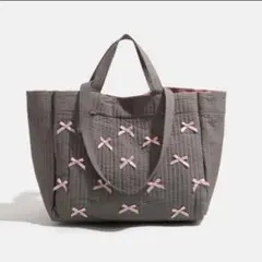ヌビバック グレー ピンク 2Way リボン付き トートバッグ マチあり 軽量
