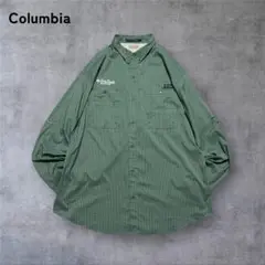【260】columbiaフィシングシャツポリシャツ長袖 白×緑×チェックXL