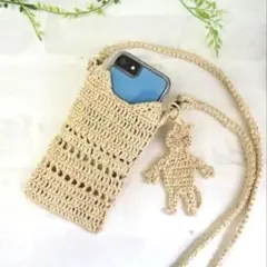 【新品未使用】スマホポシェット　スマホケース　ラフィア　猫　ベージュ　ナチュラル