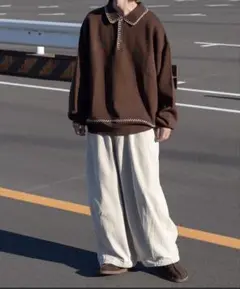 ブラウン ブランケットステッチポロニットオーバーサイズ