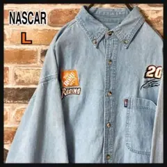 《人気》NASCAR デニムシャツ　BDシャツ　刺繍ロゴ　長袖シャツ　L