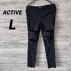 ACTIVE◎レギンスパンツ　ダメージ加工　Lレディーススキニーパンツ　ブラック