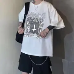 クロス 十字架 半袖 Tシャツ ストリート ビッグシルエット ホワイト 白