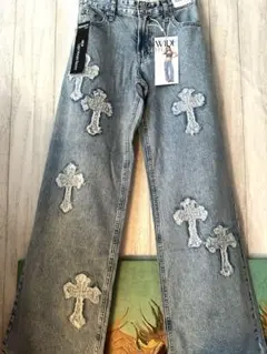 ワイドレッグデニムパンツ 十字架刺繍