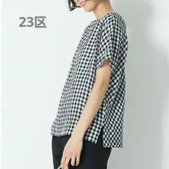 23区 LIBECO リネンブラウス フレンチスリーブ 2WAY 麻 チェック