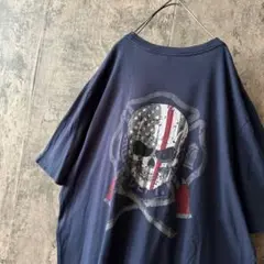 【スカル&アメリカフラッグ 半袖 Tシャツ】ネイビー 2XL ゆるだぼ 古着