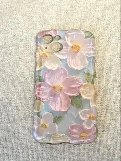 iPhone ケース　iPhone13 花柄　油絵　水色　ピンク　 かわいい