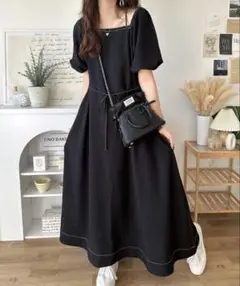 [タグ付き新品] 2wayパフスリーブロング丈ワンピース 黒