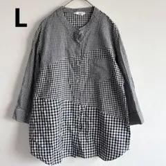 4954【L】七分袖バンドカラードッキングシャツ　ギンガムチェック柄　コットン