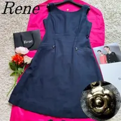 【良品】Rene ネイビーノースリーブワンピース カメリアチャーム フレア 38