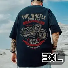 メンズバイクTシャツ　バックプリント　半袖トップス　ブラック　春秋　3XL