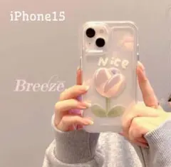 スマホケース　iPhone15 お花がワンポイントのスッキリシンプルクリアカバー