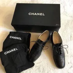 箱付き✨CHANEL レザー レースアップシューズ 22.5㎝ 黒 ココマーク