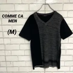 コムサメン　切替ニットカットソー　Vネック　ニットソー　黒×チャコールグレー　M