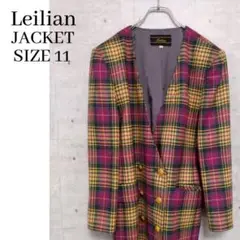 Leilian ノーカラー ダブルジャケット チェック柄 パープル サイズ11