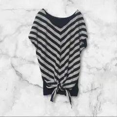 白黒ボーダーチュニック　Мサイズ　Vネック　フレンチスリーブ リボン