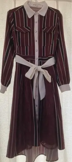 axes femmeストライプ柄シャツワンピースMワインレッド