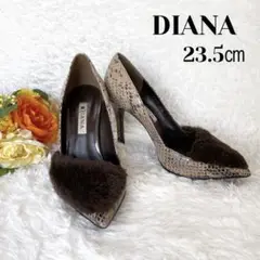 ダイアナ ファー付きパイソン柄パンプス ブラウン 秋冬 ヒール 23.5cm