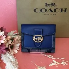 ☆COACH 折財布 ブルーシグネチャーu0026ブルー ホースu0026キャリッジ