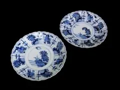 平戸 伊万里 染付 芙蓉手 隠れ蓑に花の図 6寸皿 2枚 E179AS-CBl