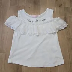 メゾピアノ ホワイト フリルオフショルTシャツ 120