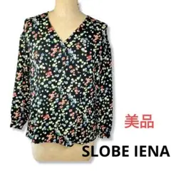 ■SLOBE IENA★花柄のノーカラーブラウス★黒ブラック長袖シャツM