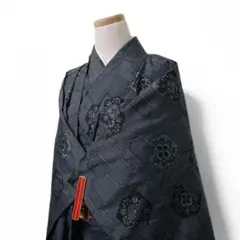 小紋　アンサンブル　六角形　花模様　ネイビー　着物　091t