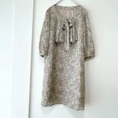 429【DHC ディーエイチシー】美品　花柄ワンピース　L リボン　七分袖　春夏