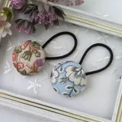 【N1】インド刺繍リボン くるみボタン ヘアゴム 2個セット