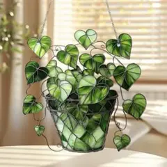 ステンドグラス風アクリル看板 ハートの葉　サンキャッチャー　ポトス　観葉植物