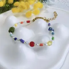 【B-055】 1点もの♡レインボー ビーズブレスレット ハンドメイド 韓国