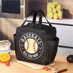 野球デザインランチバッグ　保冷トートバッグ　可愛い　お洒落　個性的　新品　黒