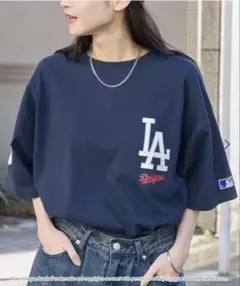LAロゴ刺繍 ネイビー Tシャツ ドジャース