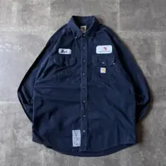 00s Carhartt FR 企業ロゴ ワークシャツ L ネイビーA210